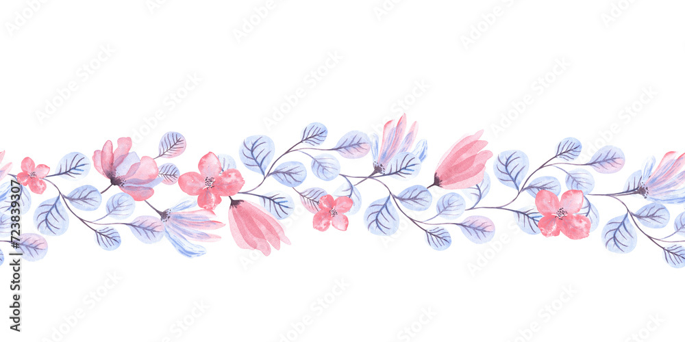Floral bouquet watercolor seamless border pattern with small pink flowers and violet purple leaves. Hand drawn isolated on white background. For invitations, cards, wedding, textile, fabric, spring