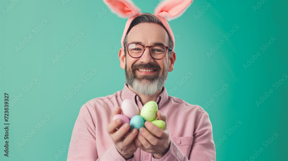 Happy man in cute bunny ears headband holding Easter eggs on light green background. Creative banner for celebration of Easter. Happy man in cute bunny ears headband holding Easter eggs on light green background. Creative banner for celebration of Easter.