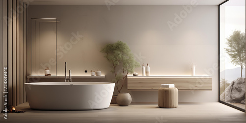 Modern bathroom with gray and wooden walls wooden floor bathtub  minimalist interior design