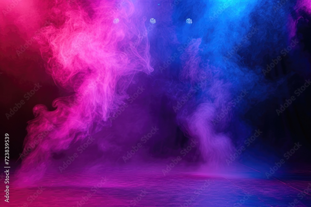The dark stage shows, empty dark blue, purple, pink background, neon light, spotlights, The asphalt floor and studio room with smoke float up the interior texture for display products Ai generated
