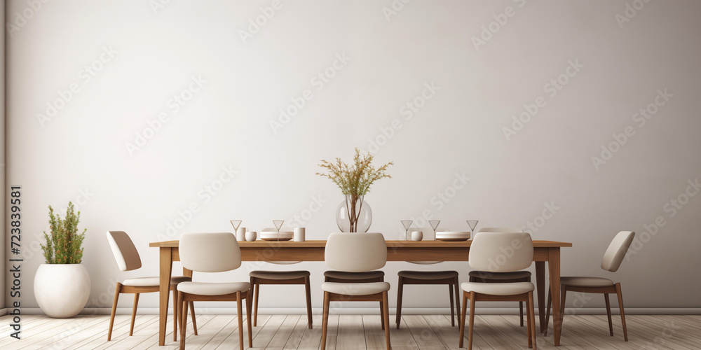 Stylish minimalist dining room with wooden table modern chairs Wooden Lining floor white wall, minimalist interior design Stylish minimalist dining room with wooden table modern chairs Wooden Lining floor white wall, minimalist interior design