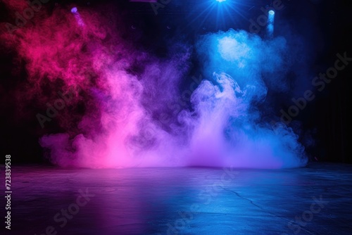 The dark stage shows  empty dark blue  purple  pink background  neon light  spotlights  The asphalt floor and studio room with smoke float up the interior texture for display products Ai generated 