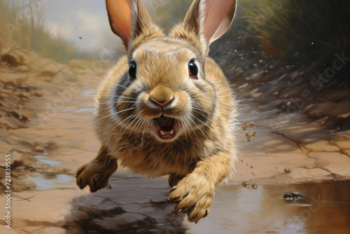 Rabbit running towards camera in soil photo