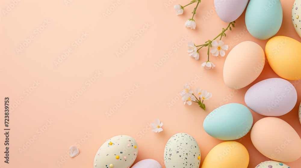 Top view flat lay photo of easter decorations painted pastel eggs, spring blossom on beige background  with copy space.