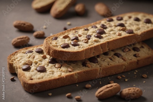 Almond chocolate chip biscotti on dark background