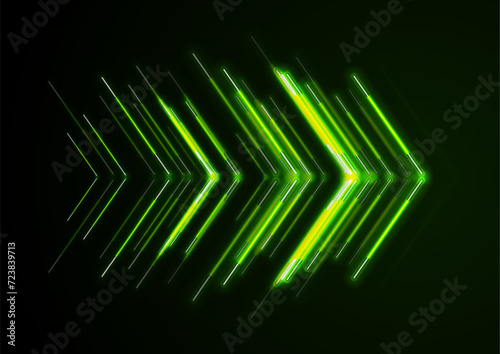 Bright green abstract neon arrows tech sci-fi background. Futuristic laser vector design