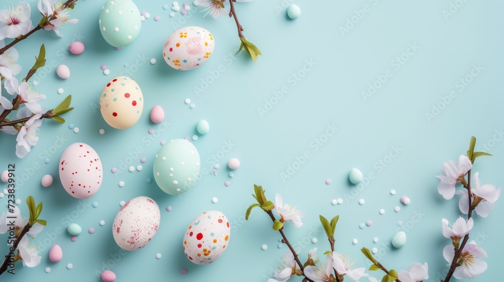 Top view flat lay photo of easter decorations painted pastel eggs, spring blossom on blue background with copy space. Top view flat lay photo of easter decorations painted pastel eggs, spring blossom on blue background with copy space.