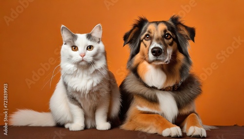 dog and cat sitting for photo on orange studio background