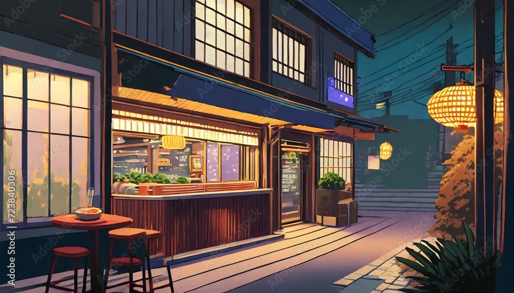 a beautiful japanese tokyo city ramen shop restaurant bar in the dark night evening house at the street anime cartoonish art style cozy lofi asian architecture 16 9 4k resolution 