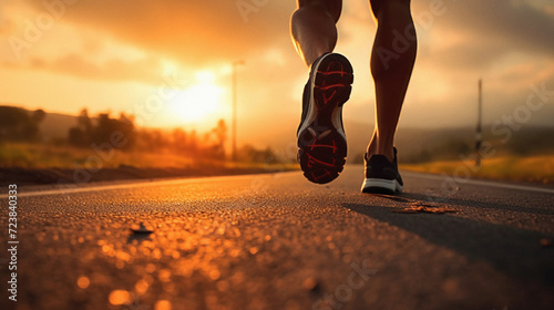 Runner athlete running on road at sunrise. woman fitness jogging workout wellness concept .