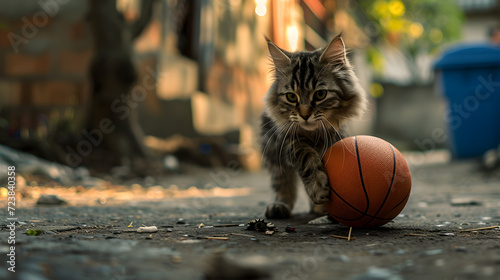 Action photograph of hairy catplaying basketball Animals. Sports