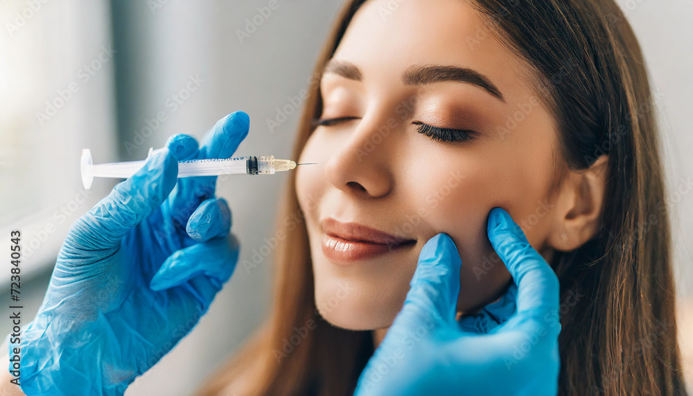 young Caucasian woman, eyes closed in bliss, undergoing cosmetic injection from a clear, unlabeled vial