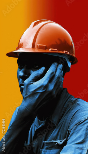 Red and yellow color background, hardhat worker holding hand with face