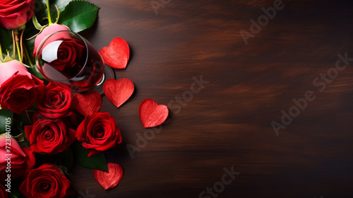 Wooden table with lots of red roses and wine served, Valentine's Day, top view, space for text or mock up. 3D rendering concept design illustration.