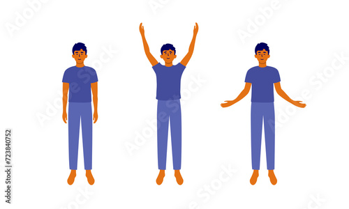 Inhale exhale vector illustration. Man raising hands up taking breath, arms down. Male person doing posture exercise, neck relaxation. Relax morning workout. Self body care, healthy sport lifestyle 