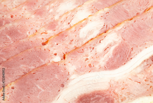 Pork bacon, group of slide bacon, Rows of raw sliced smoked bacon, Raw streaky brisket slices, Close up of texture fresh thin sliced bacon, top view