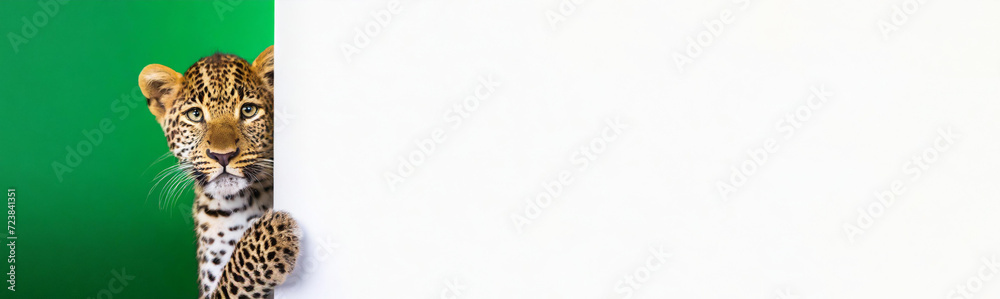 Fototapeta premium Mockup,banner.A cute leopard holds the white blank billboard on green background.copy space.