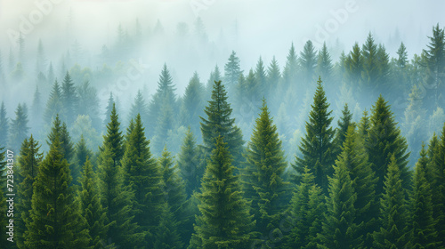 Images of coniferous forests, such as pine, fir, and cedar, with tall, straight trees that form one of the main types of forests in temperate and boreal climates