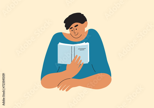 Young man reading holding book in hand. Male person books lover concept. Teen boy looks at page with interest reads extracurricular literature. Literacy day, school, education vector illustration