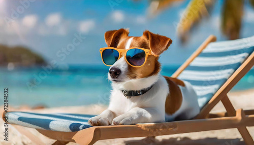 A jack russell terrier dog wearing sunglasses lounges on a sun lounger, dog soaking up the sun and taking a snooze. This image embodies the ideas of summer and vacation. © Naji