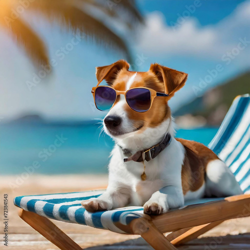 A jack russell terrier dog wearing sunglasses lounges on a sun lounger, dog soaking up the sun and taking a snooze. This image embodies the ideas of summer and vacation. © Naji