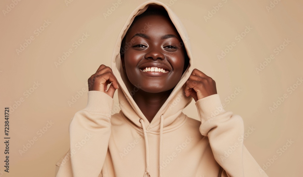 E-commerce photography of a happy woman model wearing a light tan hoodie, solid color background, hands slightly out of scene, focal point is the front of the hoodie. 