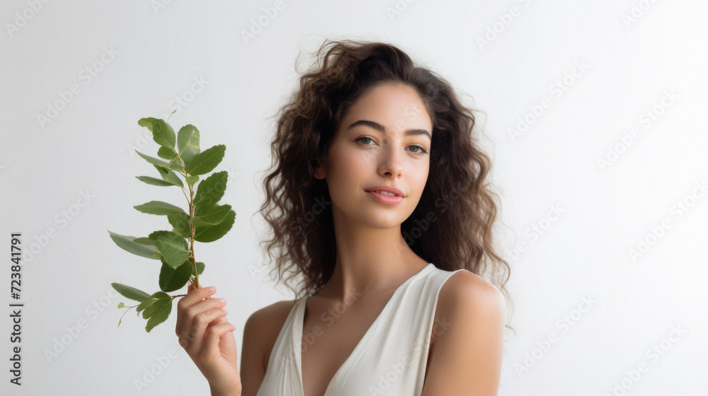 Portrait of a beautiful young woman with long curly hair holding a green plant . Portrait of a beautiful young woman with long curly hair holding a green plant .
