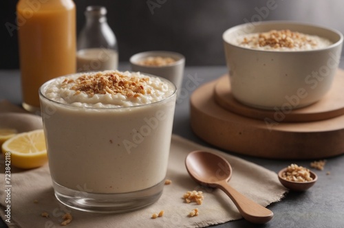 Creamy rice pudding breakfast with granola and honey drizzle