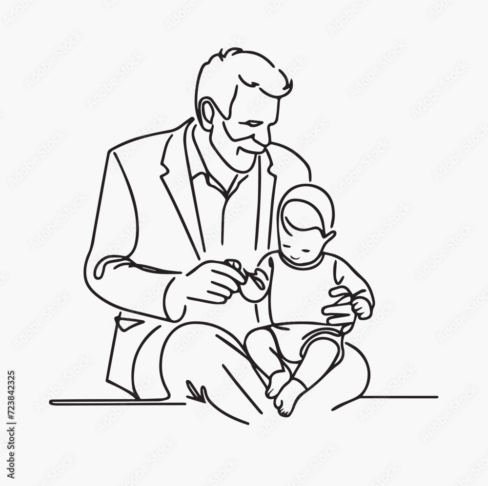 Continuous line drawing of a father and his baby. Vector illustration