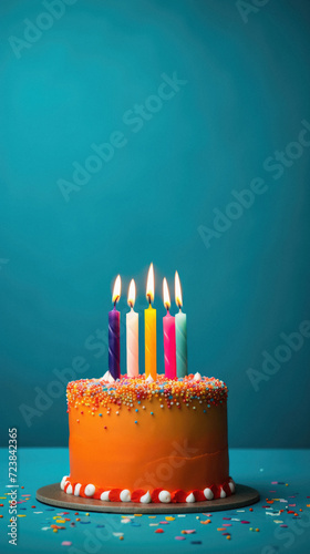 Birthday cake with burning candles on blue background. Copy space .