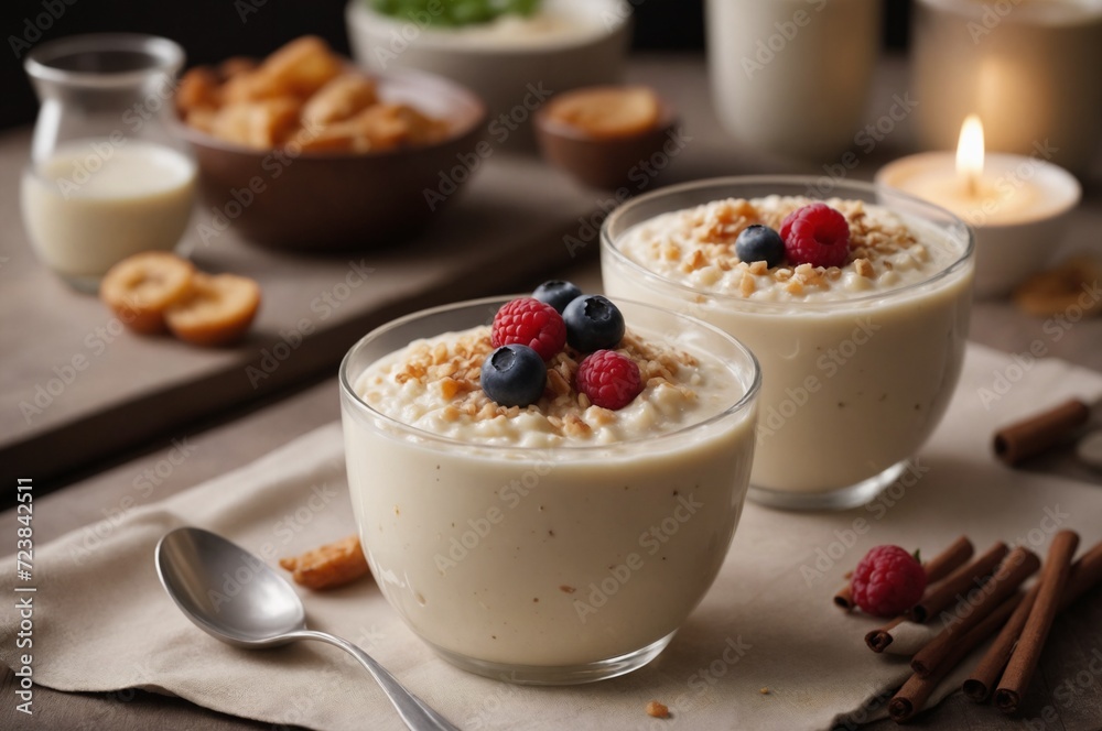 Cozy breakfast scene with creamy rice pudding