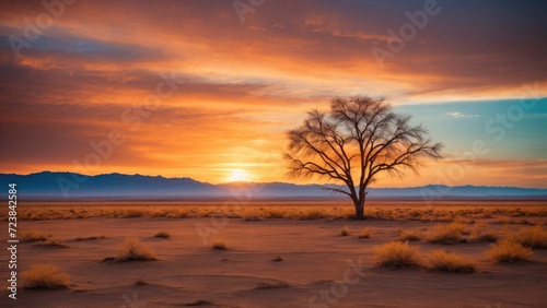sunset in the desert with dry plant. 