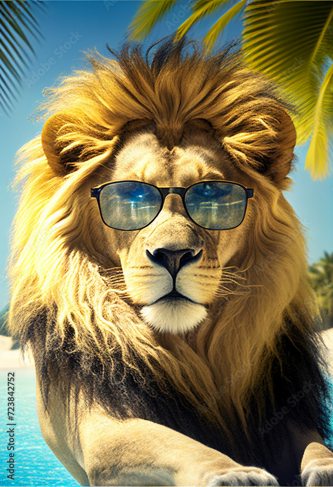 Portrait of a lion in sunglasses on the background of a tropical beach. AI generated.
