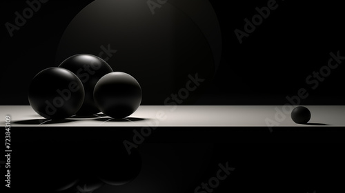 Abstract dark background. Black round balls and lines. Balance, harmony of mind and soul, zen meditation concept
