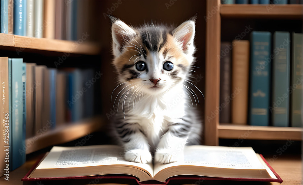 A cute kitten reading a book. Generative AI A cute kitten reading a book. Generative AI