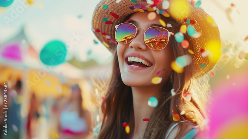 Joyful Young Woman Enjoying Summer Festival - Happiness, Lifestyle and Celebration Concept with Vibrant Carnival Atmosphere