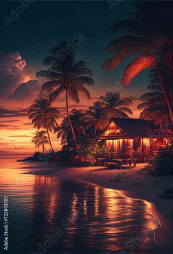Sunset over a picturesque tropical beach. AI generated. © StockMediaProduction