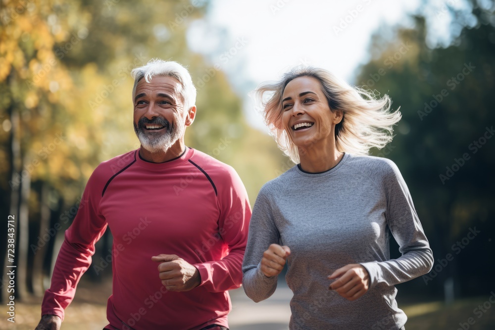 a middle-aged man and woman running in the park. The concept of a healthy lifestyle in adulthood a middle-aged man and woman running in the park. The concept of a healthy lifestyle in adulthood