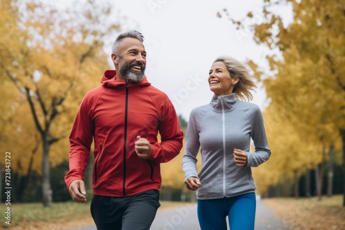 a middle-aged man and woman running in the park. The concept of a healthy lifestyle in adulthood
