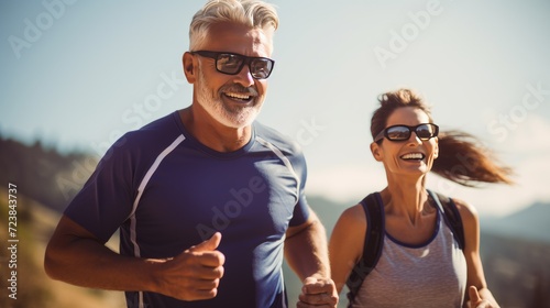 a middle-aged man and woman running in the park. The concept of a healthy lifestyle in adulthood photo