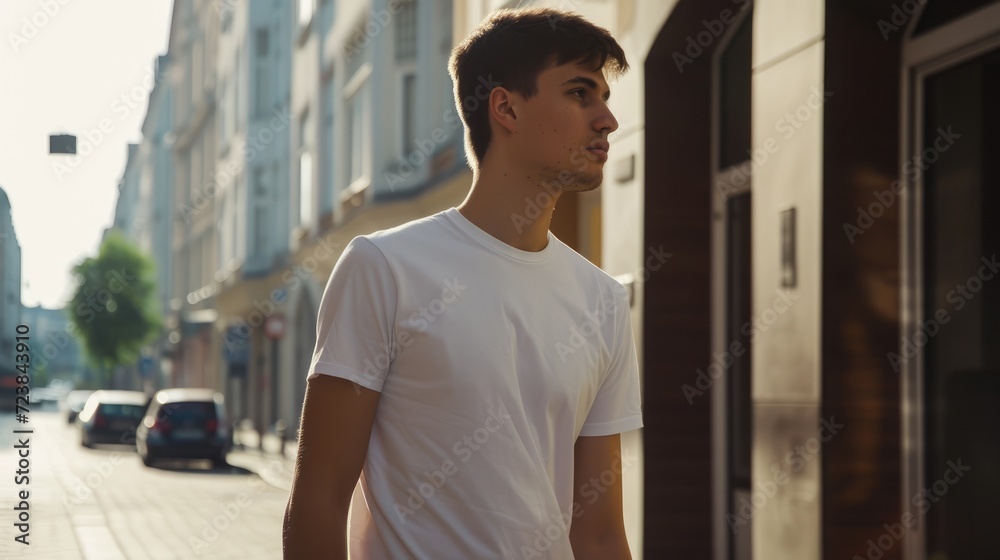 Obraz premium Young Model Shirt Mockup, Boy wearing white t-shirt on street in daylight, Shirt Mockup Template on hipster adult for design print, Male guy wearing casual t-shirt mockup placement, generative ai