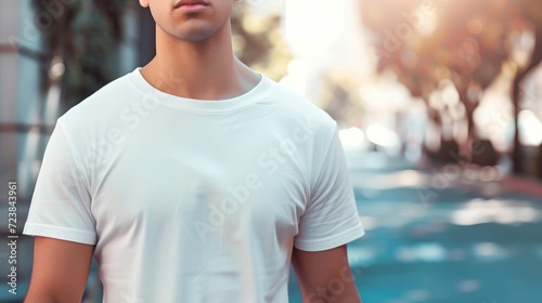 Young Model Shirt Mockup, Boy wearing white t-shirt on street in daylight, Shirt Mockup Template on hipster adult for design print, Male guy wearing casual t-shirt mockup placement, generative ai