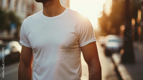 Young Model Shirt Mockup, Boy wearing white t-shirt on street in daylight, Shirt Mockup Template on hipster adult for design print, Male guy wearing casual t-shirt mockup placement, generative ai