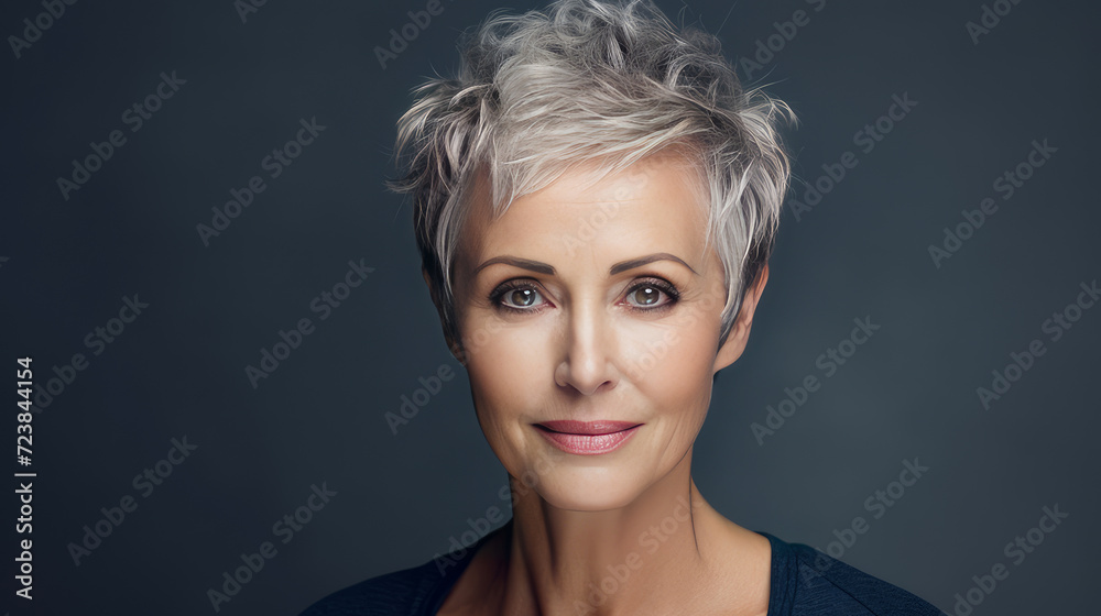 Elegant, smiling, elderly, chic, woman with gray hair and short haircut, on a dark blue background, banner. Advertising of cosmetic products, spa treatments, shampoos and hair care products, dentistry Elegant, smiling, elderly, chic, woman with gray hair and short haircut, on a dark blue background, banner. Advertising of cosmetic products, spa treatments, shampoos and hair care products, dentistry