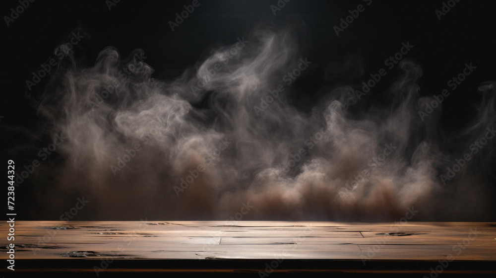 Wooden table with smoke on a black background. Copy space . Wooden table with smoke on a black background. Copy space .