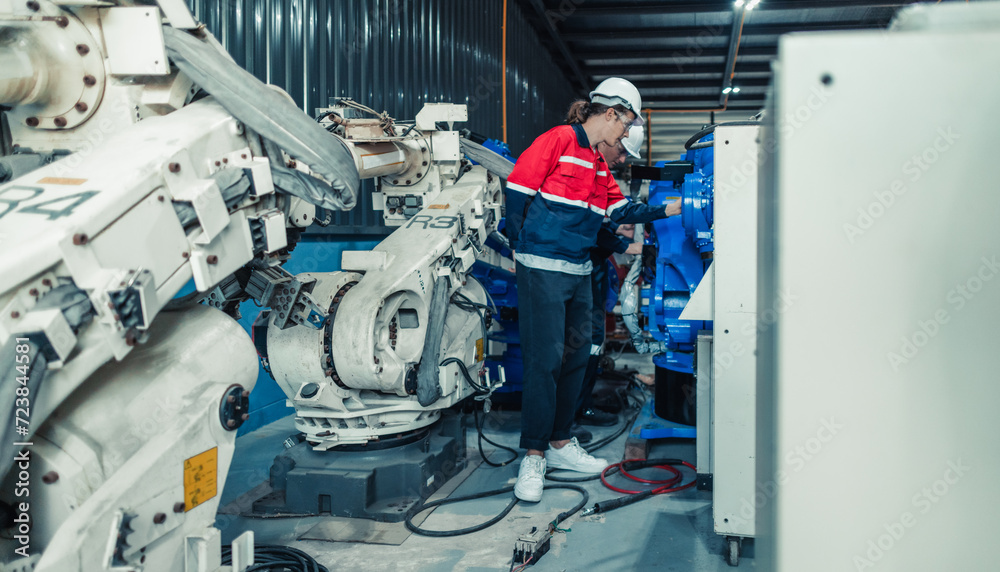 Robotic Technicians Inspecting and Repairing Factory Robot.