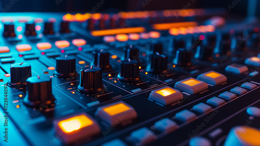 Professional Audio Mixing Console with Glowing Buttons - Studio Equipment for Music Production, Sound Engineering, and Live Performance