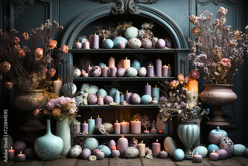 Easter decor with eggs and candles in pastel colors.