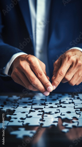 Close-up image of businessman's hand connecting jigsaw puzzle piece