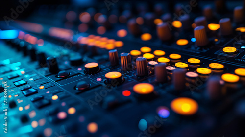 Professional Audio Mixing Console with Glowing Buttons - Studio Equipment for Music Production, Sound Engineering, and Live Performance